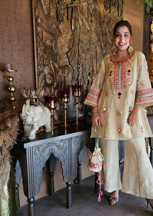 EXCLUSIVE AND TRENDY CO-ORD SET FOR WEDDING SEASON WITH MIRROR AND SEQUENCE EMBROIDERED TOP AND PLAZZO