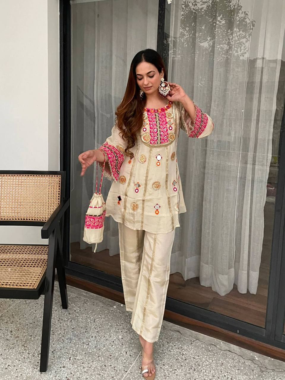 EXCLUSIVE AND TRENDY CO-ORD SET FOR WEDDING SEASON WITH MIRROR AND SEQUENCE EMBROIDERED TOP AND PLAZZO