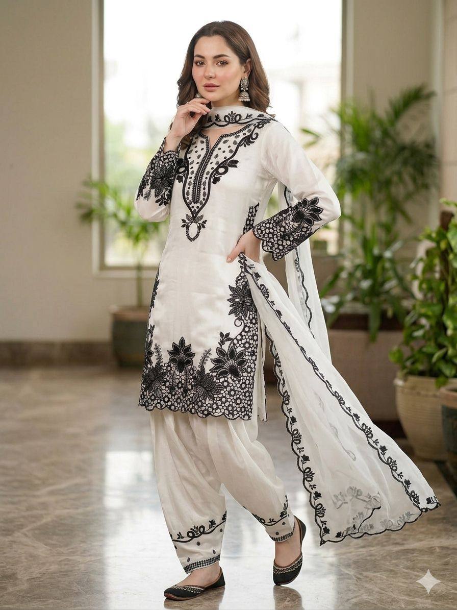 HANIA AMIR INSPIRED BAKRA EID WEAR OUR SEQUENCE EMBROIDERY WORKED TOP, FARSHI SALWAAR WITH DUPATTA