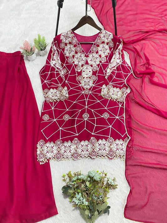 EID EXCLUSIVE AND TRENDY FOR WEDDING SEASON OUR SEQUENCE EMBROIDERY WORKED TOP, PLAZZO AND DUPATTA