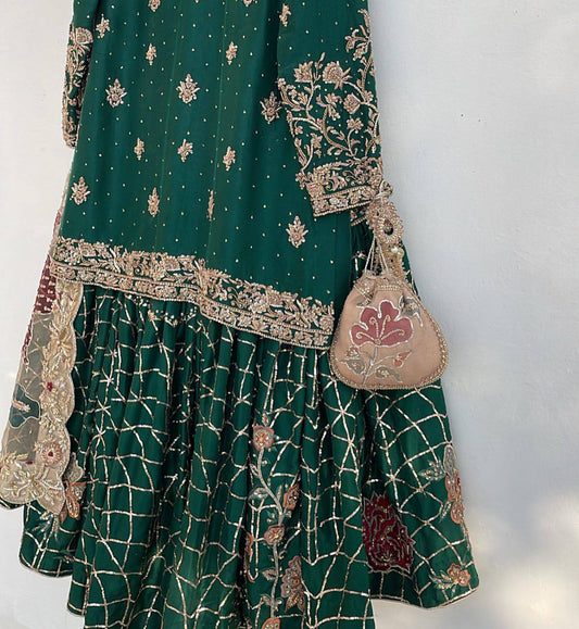 *EXCLUSIVE DESIGNER HEAVY CHINON WITH SEQUANCE EMBROIDERY WORK SUIT WITH FULL FLAIR WORK