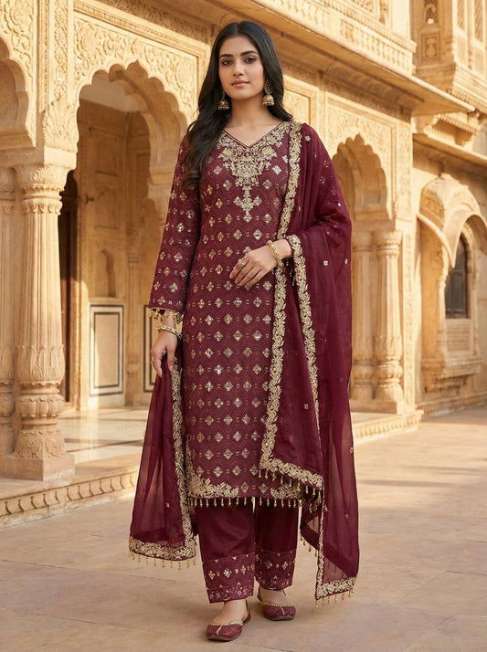 *Presenting New Designer Collection In GMY SILK With Heavy Embroidery Sequence Work Top-Bottom And Dupatta Set Fully Stitched Ready To Wear 🔥😍🥰*