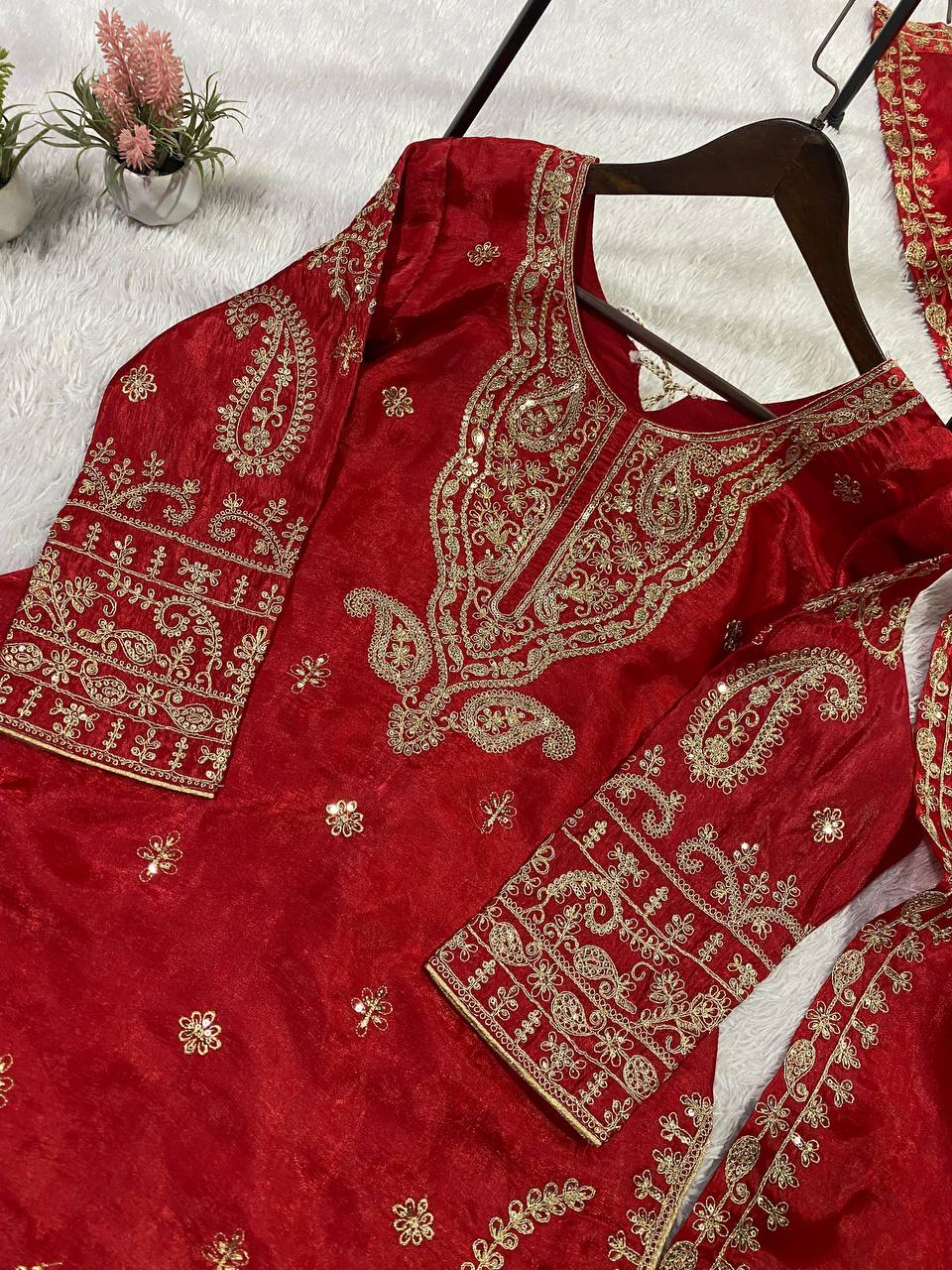THIS WEDDING SEASON WEAR OUR CORDING WITH SEQUENCE EMBROIDERY WORKED TOP, PLAZZO WITH DUPATTA
