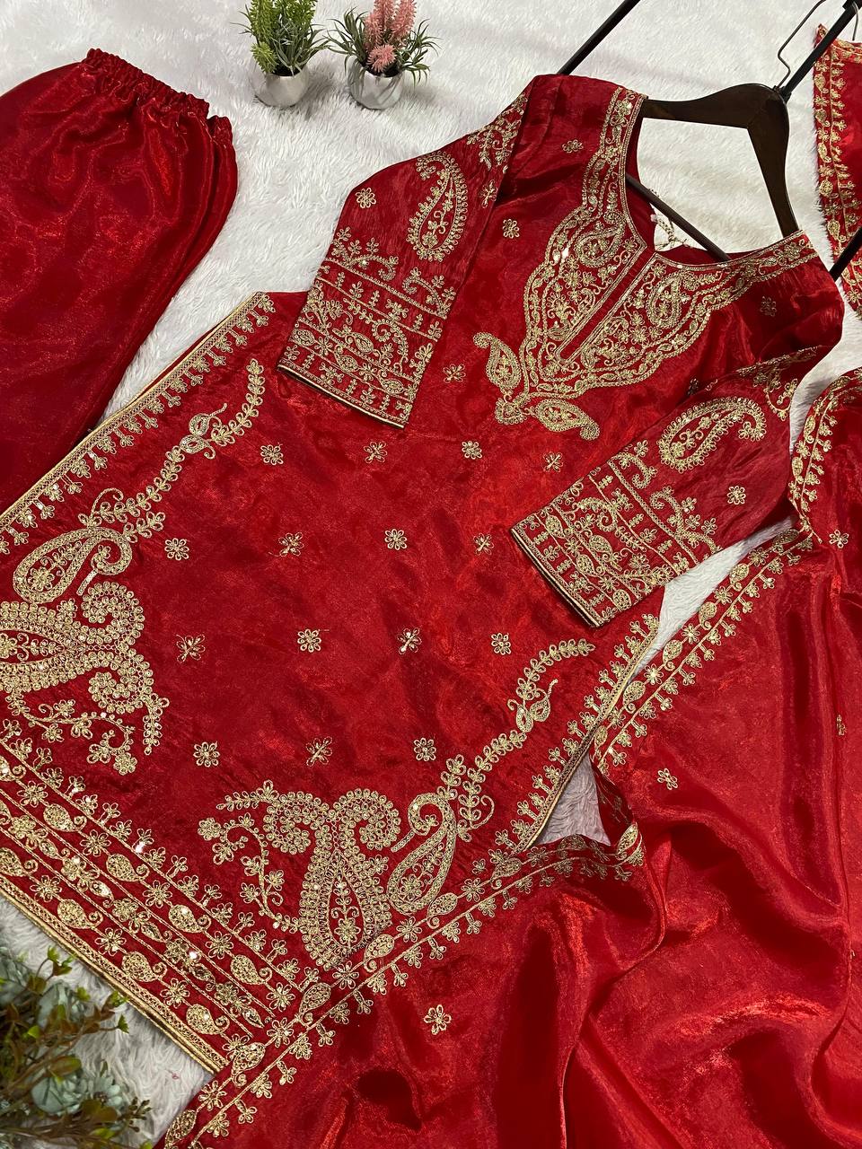 THIS WEDDING SEASON WEAR OUR CORDING WITH SEQUENCE EMBROIDERY WORKED TOP, PLAZZO WITH DUPATTA