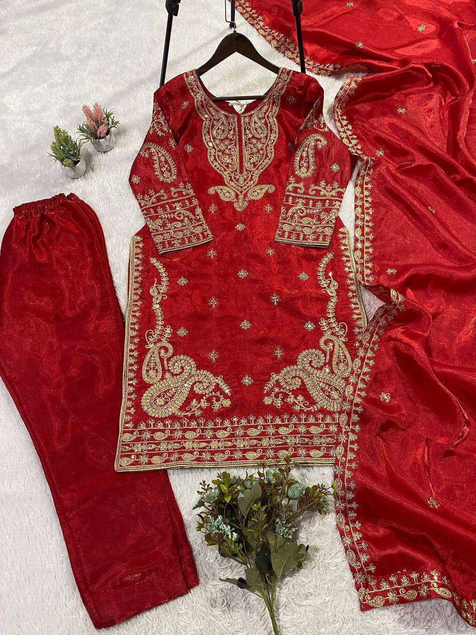 THIS WEDDING SEASON WEAR OUR CORDING WITH SEQUENCE EMBROIDERY WORKED TOP, PLAZZO WITH DUPATTA