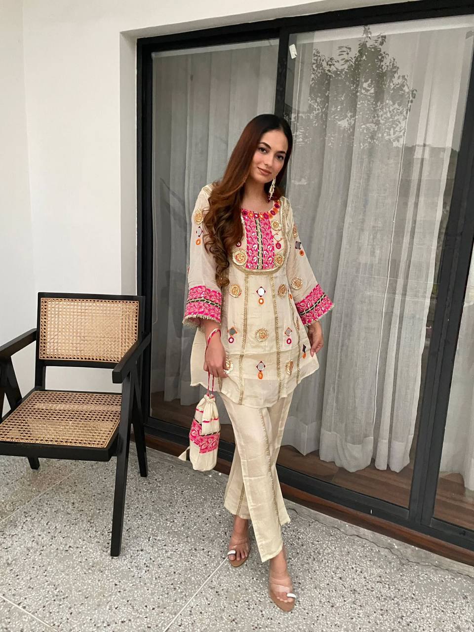 EXCLUSIVE AND TRENDY CO-ORD SET FOR WEDDING SEASON WITH MIRROR AND SEQUENCE EMBROIDERED TOP AND PLAZZO