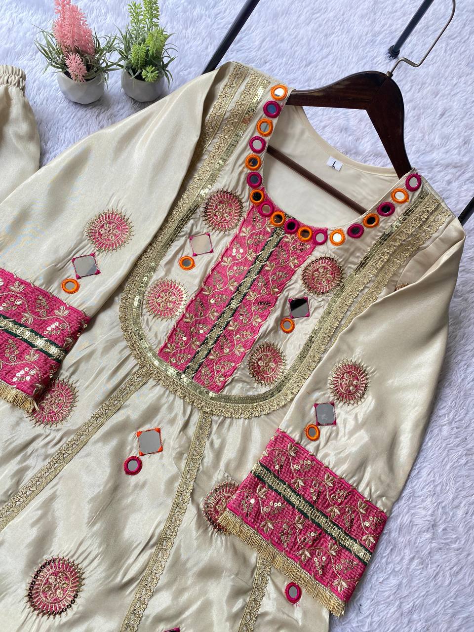 EXCLUSIVE AND TRENDY CO-ORD SET FOR WEDDING SEASON WITH MIRROR AND SEQUENCE EMBROIDERED TOP AND PLAZZO