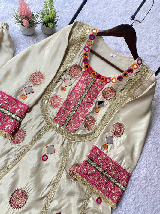 EXCLUSIVE AND TRENDY CO-ORD SET FOR WEDDING SEASON WITH MIRROR AND SEQUENCE EMBROIDERED TOP AND PLAZZO