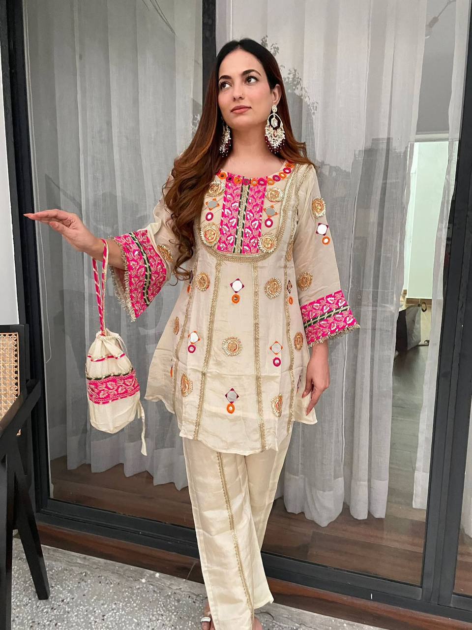 EXCLUSIVE AND TRENDY CO-ORD SET FOR WEDDING SEASON WITH MIRROR AND SEQUENCE EMBROIDERED TOP AND PLAZZO