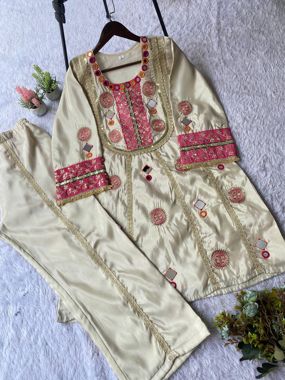 EXCLUSIVE AND TRENDY CO-ORD SET FOR WEDDING SEASON WITH MIRROR AND SEQUENCE EMBROIDERED TOP AND PLAZZO