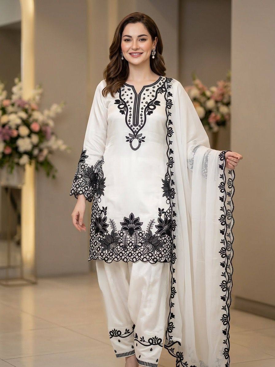HANIA AMIR INSPIRED BAKRA EID WEAR OUR SEQUENCE EMBROIDERY WORKED TOP, FARSHI SALWAAR WITH DUPATTA