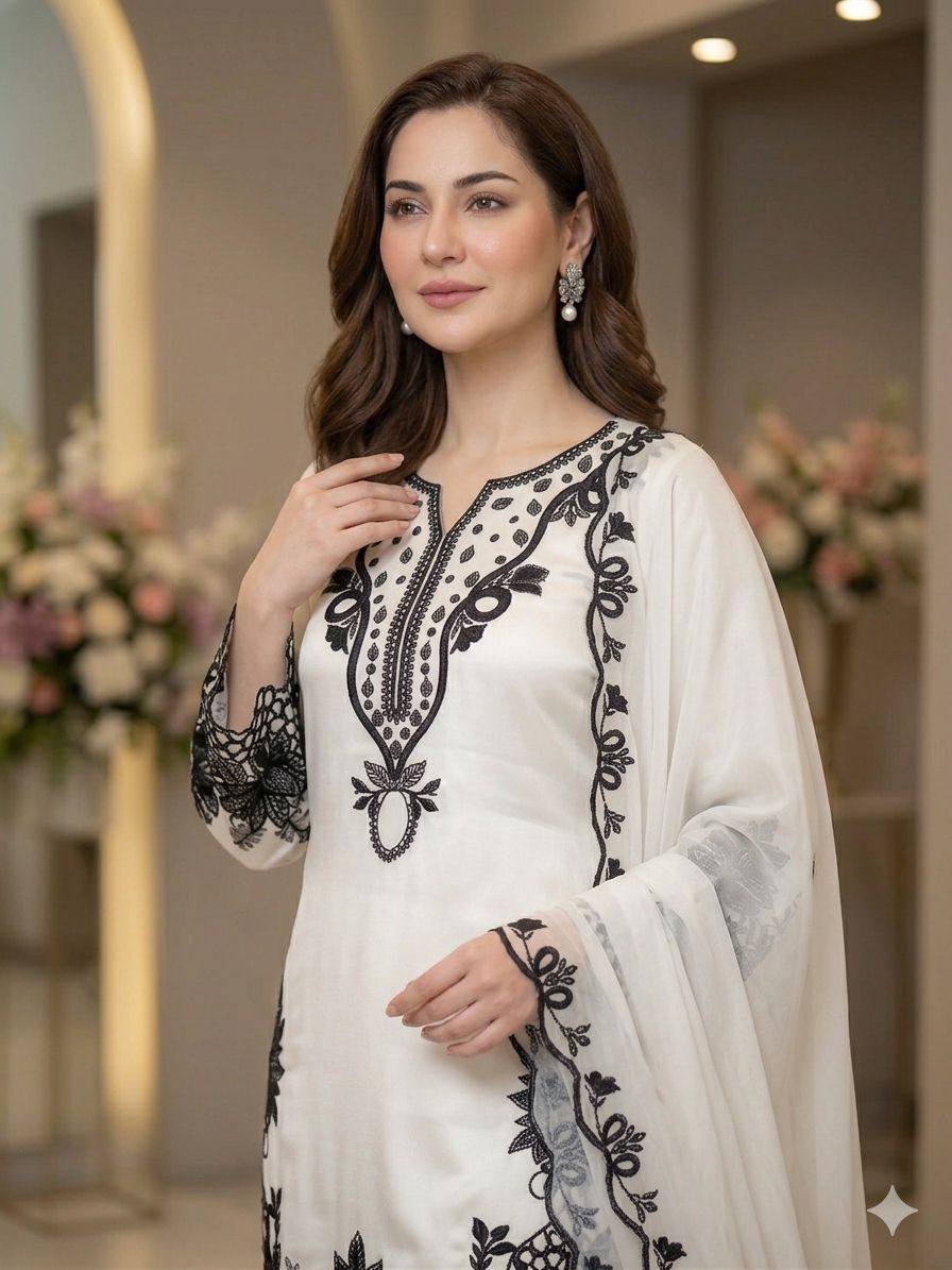 HANIA AMIR INSPIRED BAKRA EID WEAR OUR SEQUENCE EMBROIDERY WORKED TOP, FARSHI SALWAAR WITH DUPATTA
