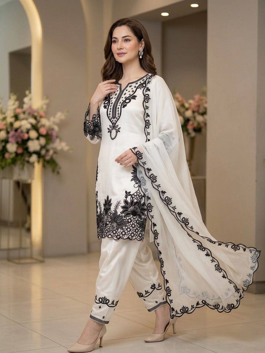 HANIA AMIR INSPIRED BAKRA EID WEAR OUR SEQUENCE EMBROIDERY WORKED TOP, FARSHI SALWAAR WITH DUPATTA