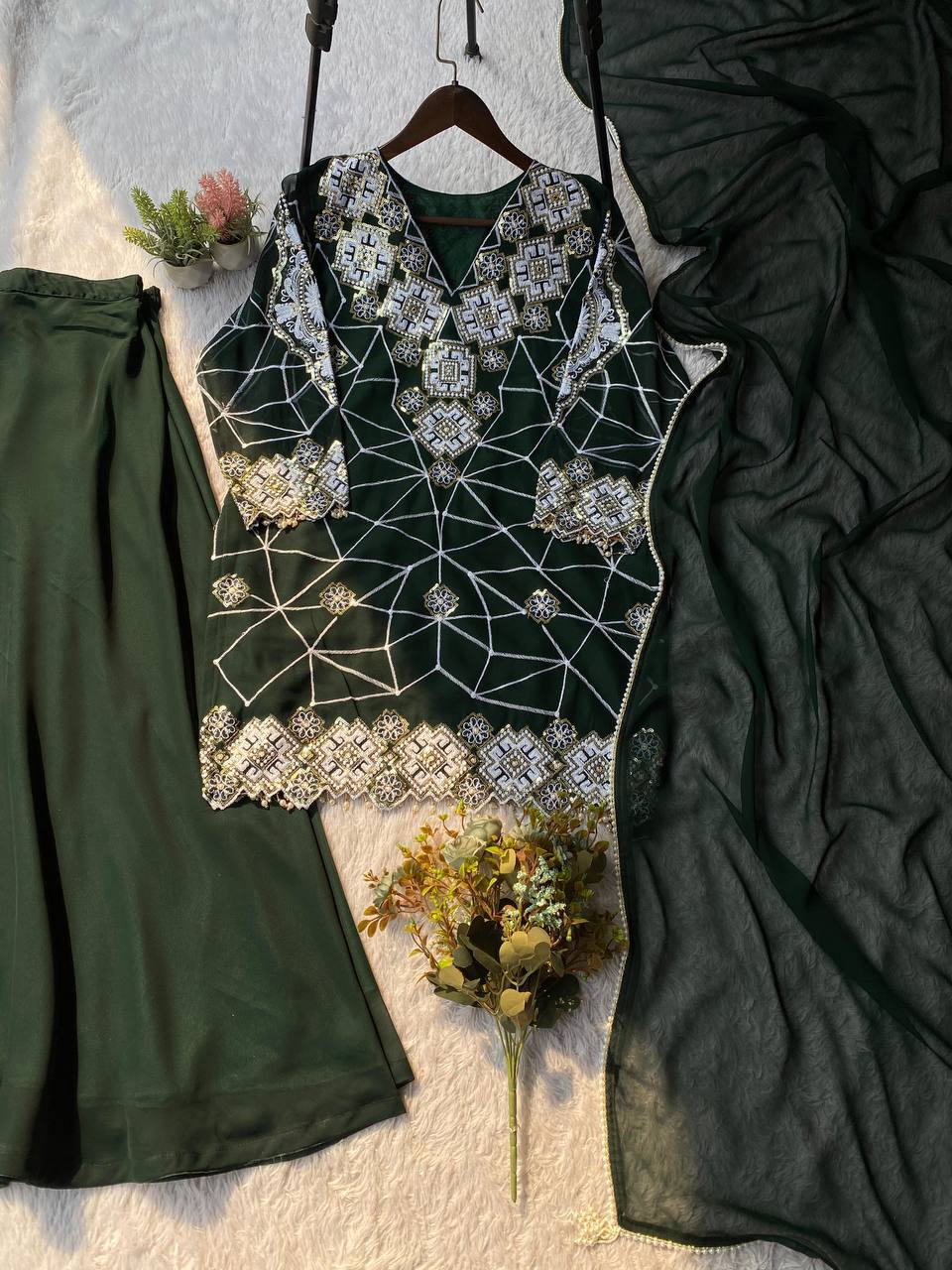 EID EXCLUSIVE AND TRENDY FOR WEDDING SEASON OUR SEQUENCE EMBROIDERY WORKED TOP, PLAZZO AND DUPATTA