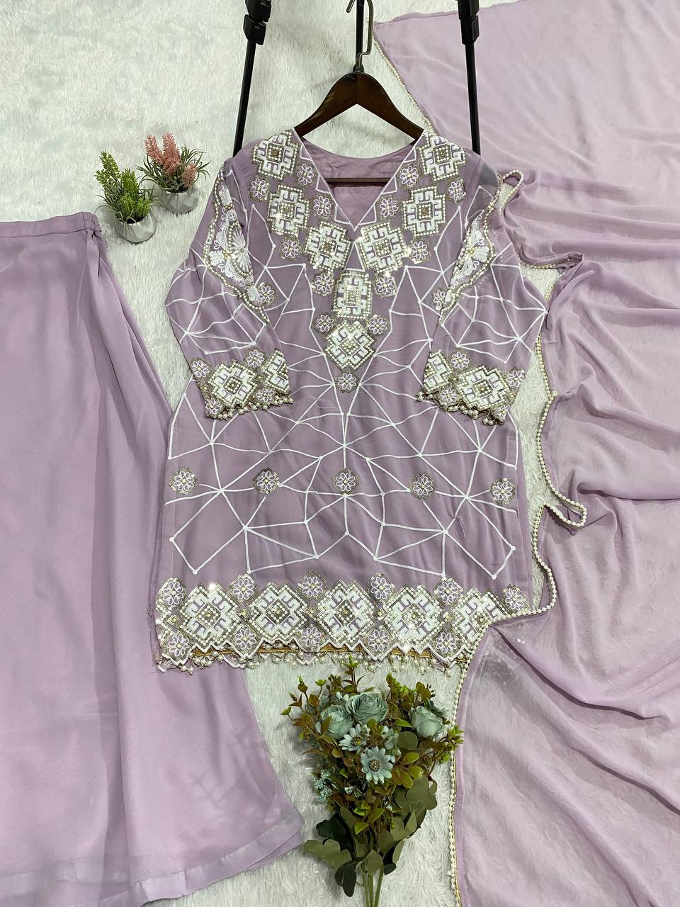 EID EXCLUSIVE AND TRENDY FOR WEDDING SEASON OUR SEQUENCE EMBROIDERY WORKED TOP, PLAZZO AND DUPATTA