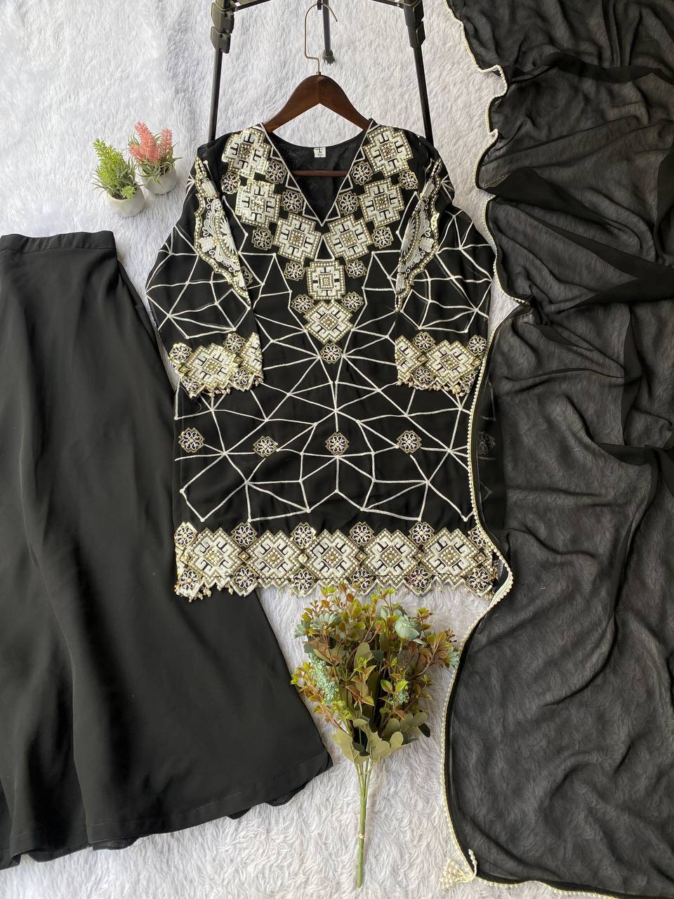 EID EXCLUSIVE AND TRENDY FOR WEDDING SEASON OUR SEQUENCE EMBROIDERY WORKED TOP, PLAZZO AND DUPATTA