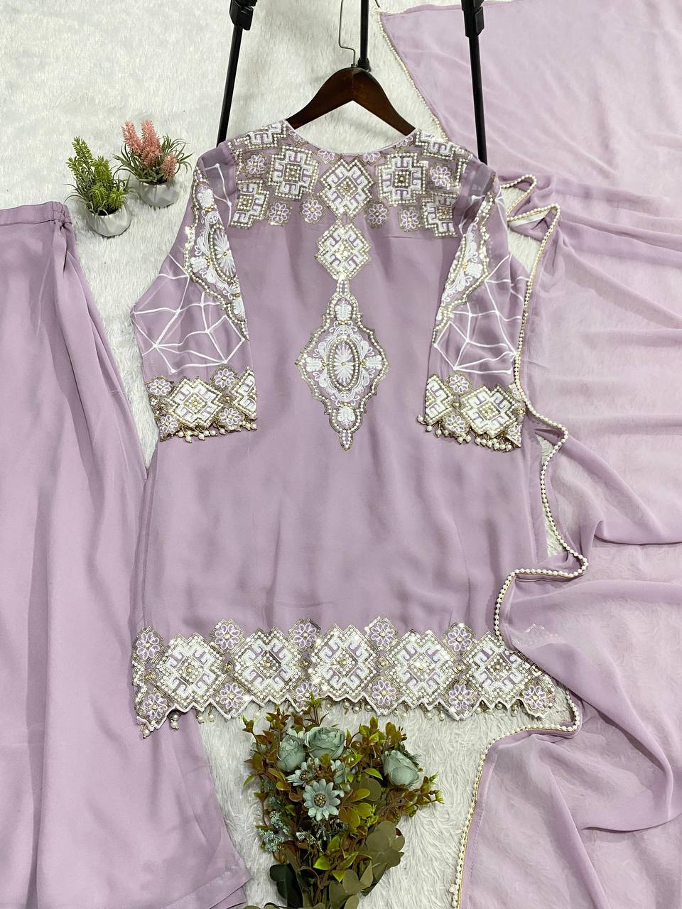 EID EXCLUSIVE AND TRENDY FOR WEDDING SEASON OUR SEQUENCE EMBROIDERY WORKED TOP, PLAZZO AND DUPATTA