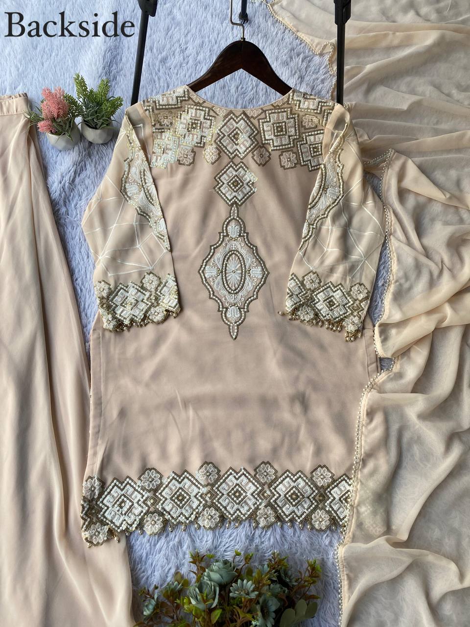 EID EXCLUSIVE AND TRENDY FOR WEDDING SEASON OUR SEQUENCE EMBROIDERY WORKED TOP, PLAZZO AND DUPATTA