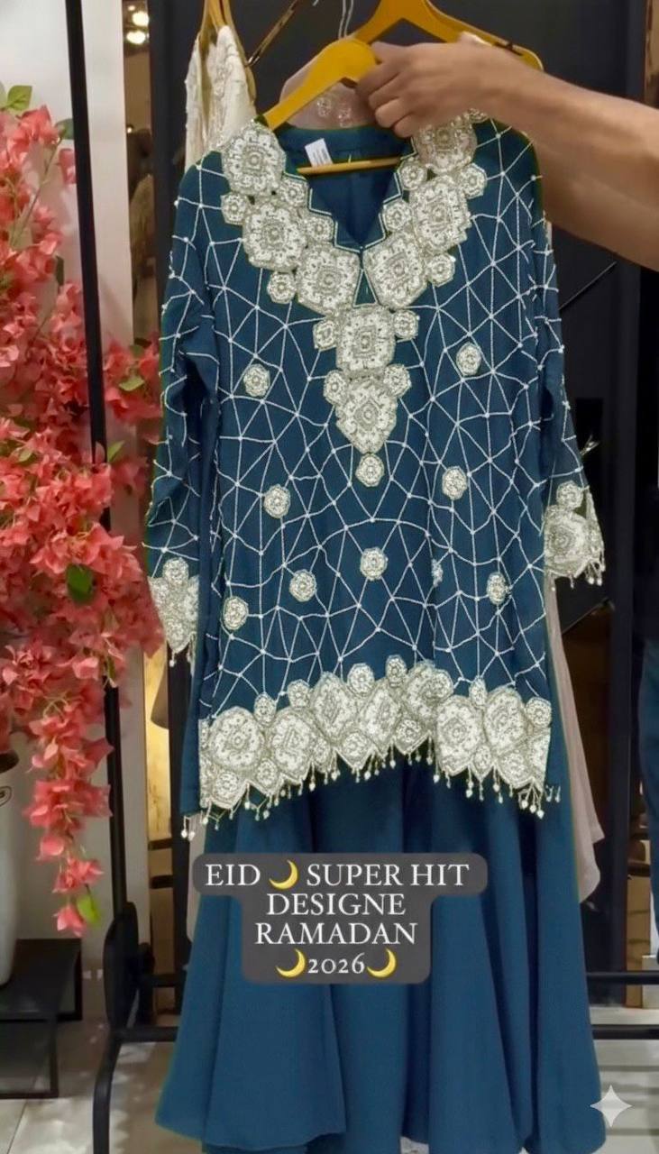 EID EXCLUSIVE AND TRENDY FOR WEDDING SEASON OUR SEQUENCE EMBROIDERY WORKED TOP, PLAZZO AND DUPATTA