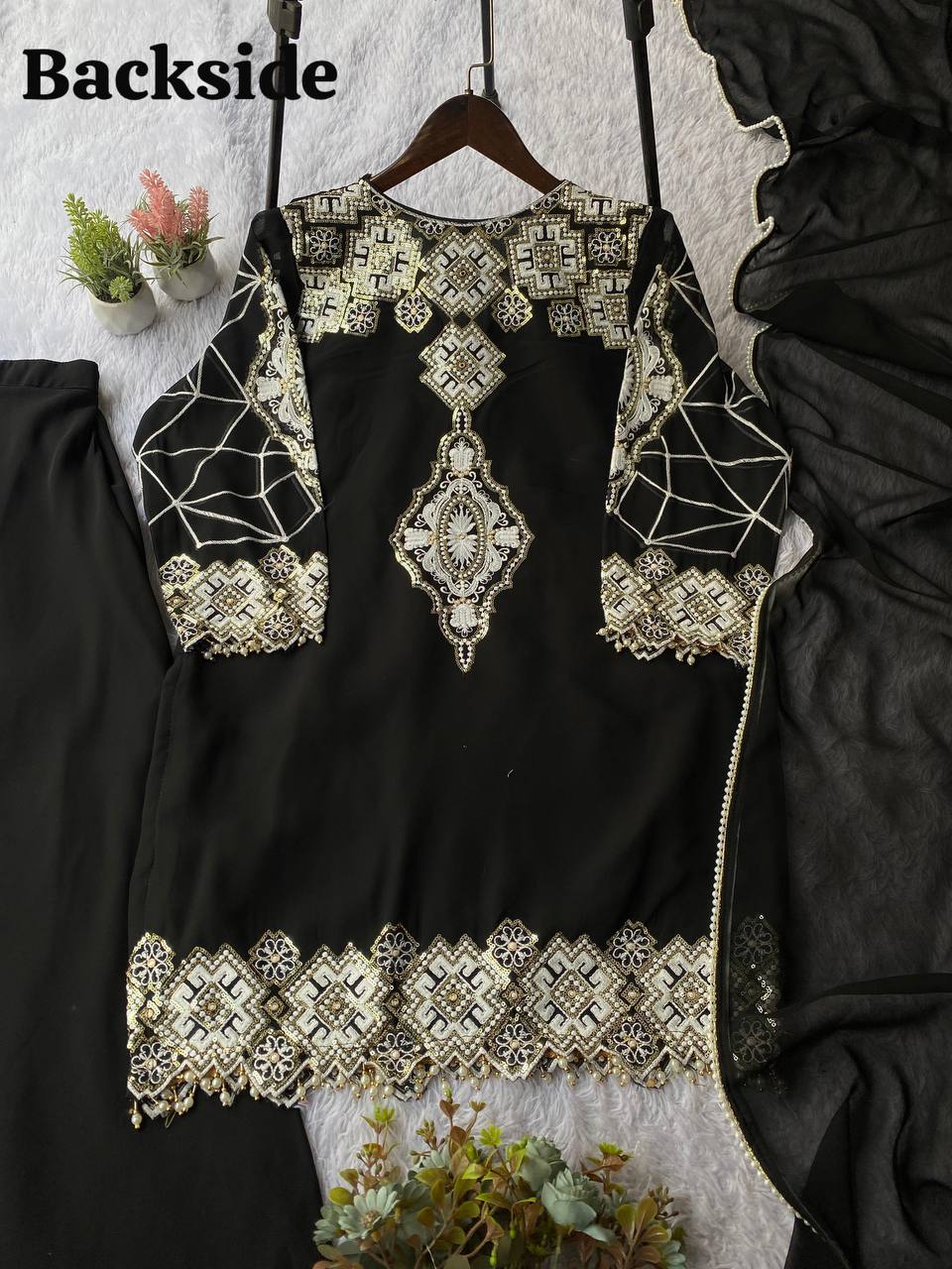 EID EXCLUSIVE AND TRENDY FOR WEDDING SEASON OUR SEQUENCE EMBROIDERY WORKED TOP, PLAZZO AND DUPATTA