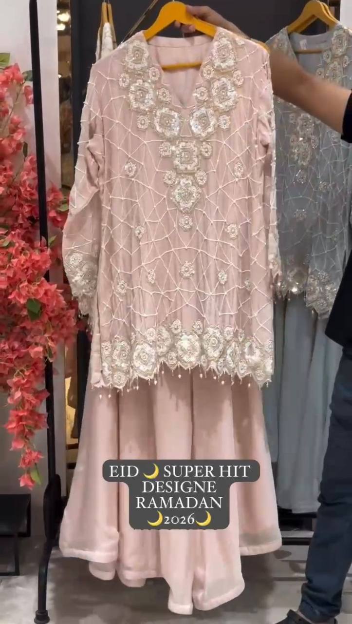 EID EXCLUSIVE AND TRENDY FOR WEDDING SEASON OUR SEQUENCE EMBROIDERY WORKED TOP, PLAZZO AND DUPATTA