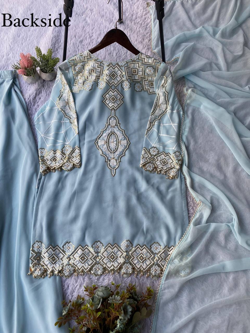 EID EXCLUSIVE AND TRENDY FOR WEDDING SEASON OUR SEQUENCE EMBROIDERY WORKED TOP, PLAZZO AND DUPATTA