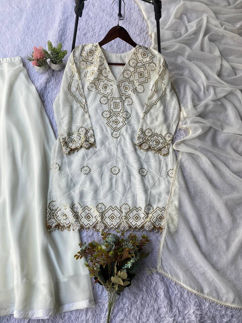 EID EXCLUSIVE AND TRENDY FOR WEDDING SEASON OUR SEQUENCE EMBROIDERY WORKED TOP, PLAZZO AND DUPATTA