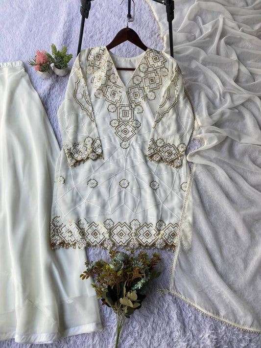 EID EXCLUSIVE AND TRENDY FOR WEDDING SEASON OUR SEQUENCE EMBROIDERY WORKED TOP, PLAZZO AND DUPATTA