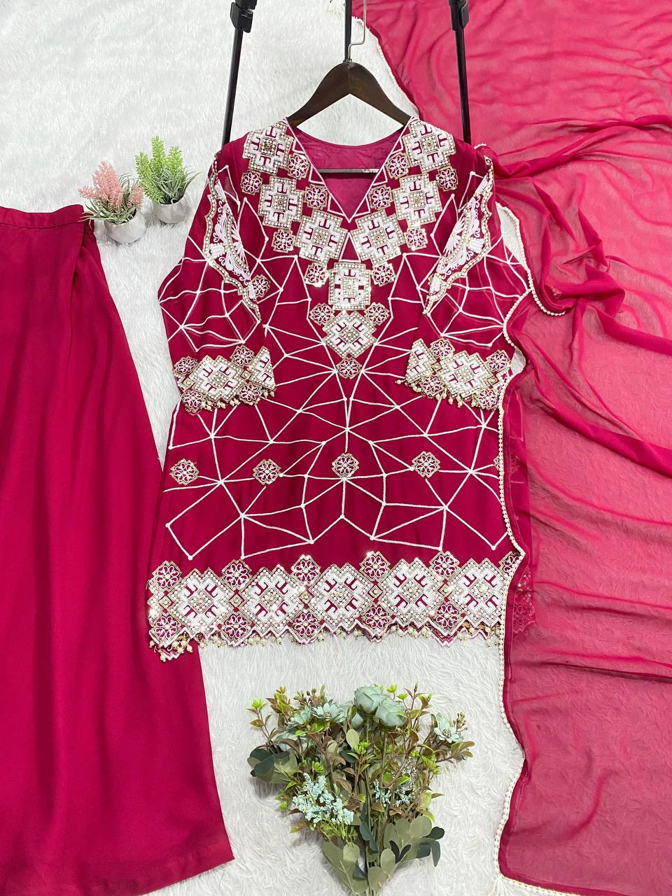 EID EXCLUSIVE AND TRENDY FOR WEDDING SEASON OUR SEQUENCE EMBROIDERY WORKED TOP, PLAZZO AND DUPATTA