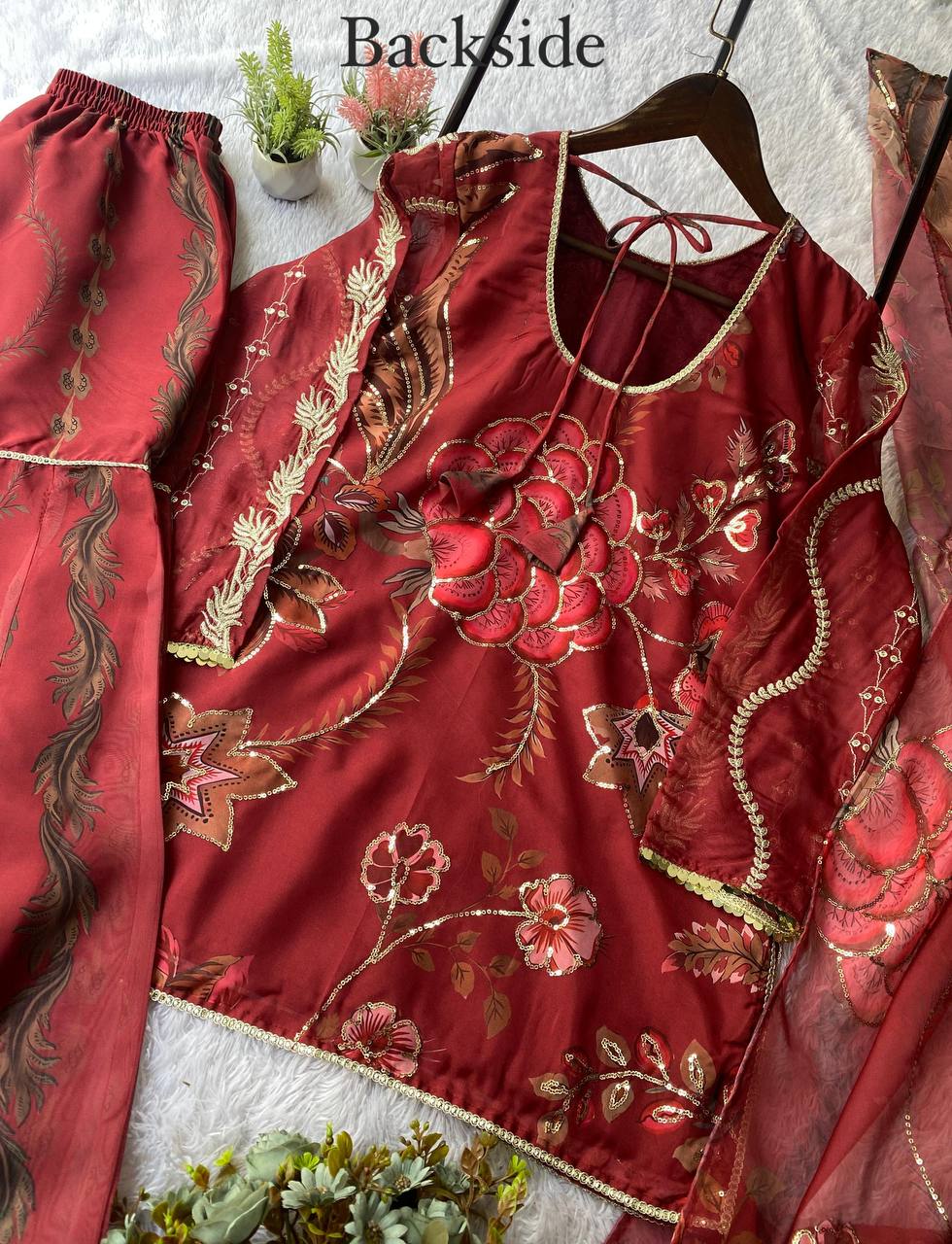 EXCLUSIVE 3 PIECE SHORT KURTI WITH SARARA PAIR WITH DUPATTA IN SEQUENCE EMBROIDERY AND REAL MIRROR WORK