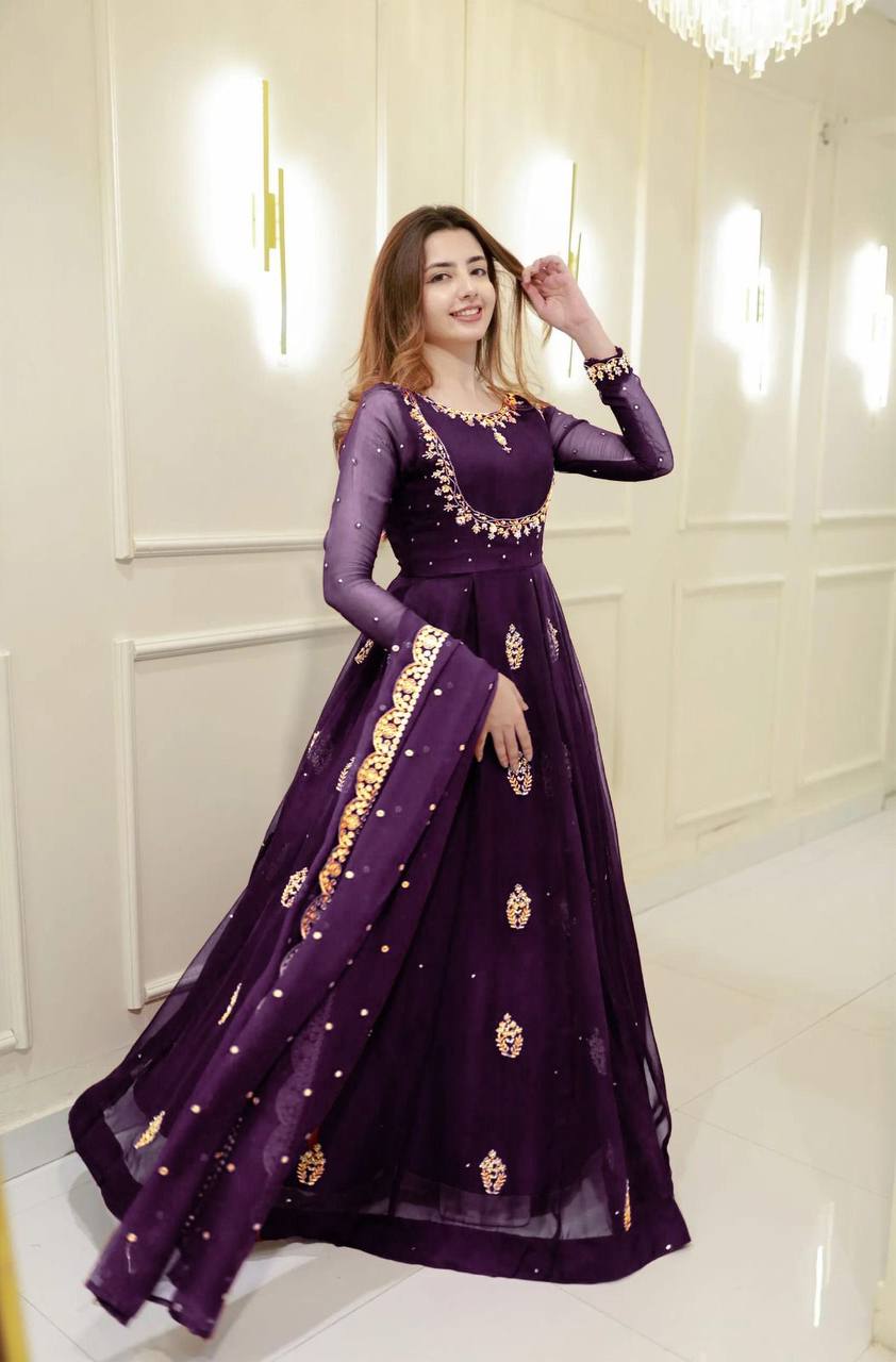 EXCLUSIVE 2 PIECE GOWN WITH DUPATTA IN SEQUENCE EMBROIDERY WORK