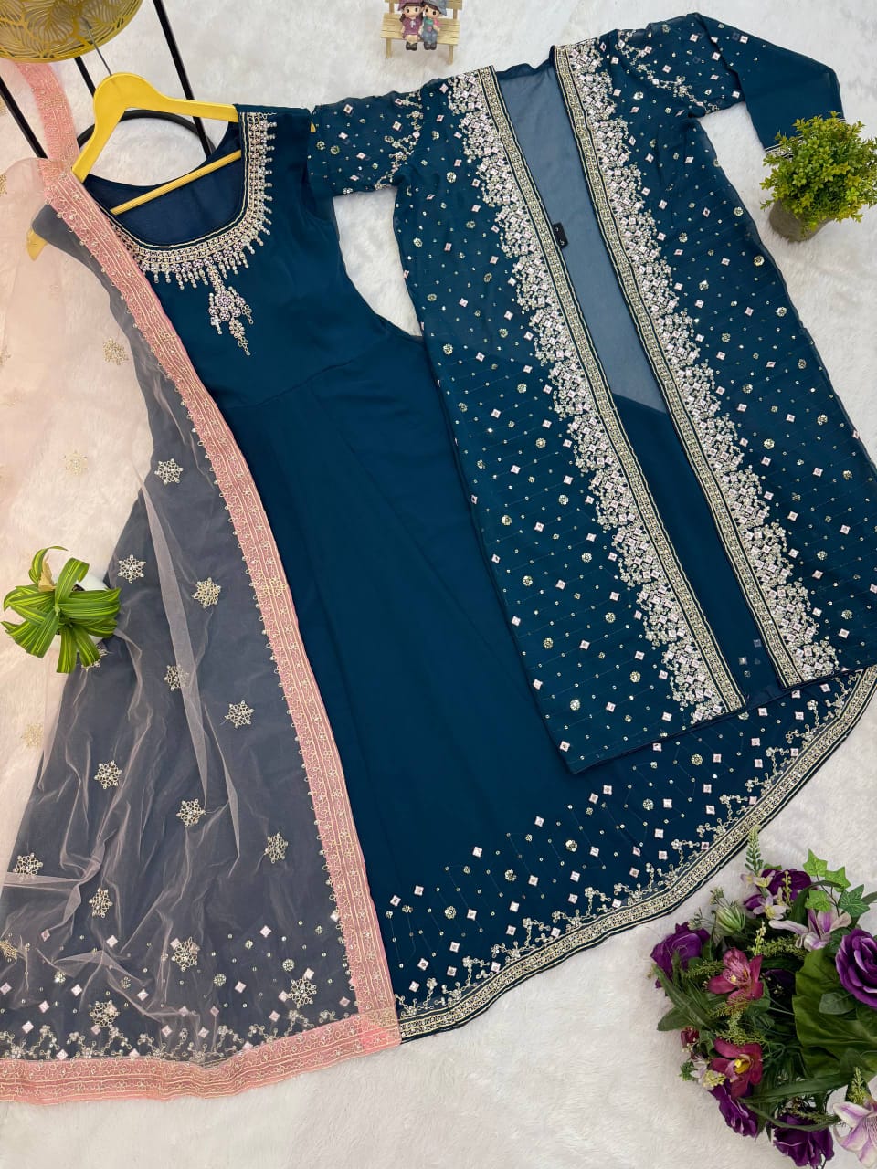 NEW SUPERHIT TRENDING FESTIVE COLLECTION GOWN, KOTI & DUPATTA SET WITH EMBROIDERY WORK & CRYSTAL STONE WORK