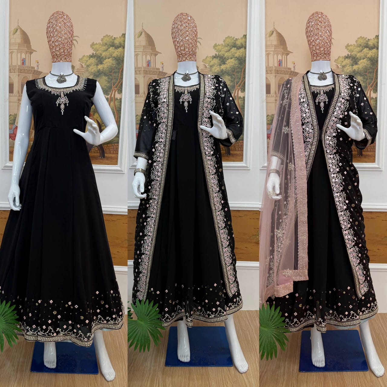 NEW SUPERHIT TRENDING FESTIVE COLLECTION GOWN, KOTI & DUPATTA SET WITH EMBROIDERY WORK & CRYSTAL STONE WORK