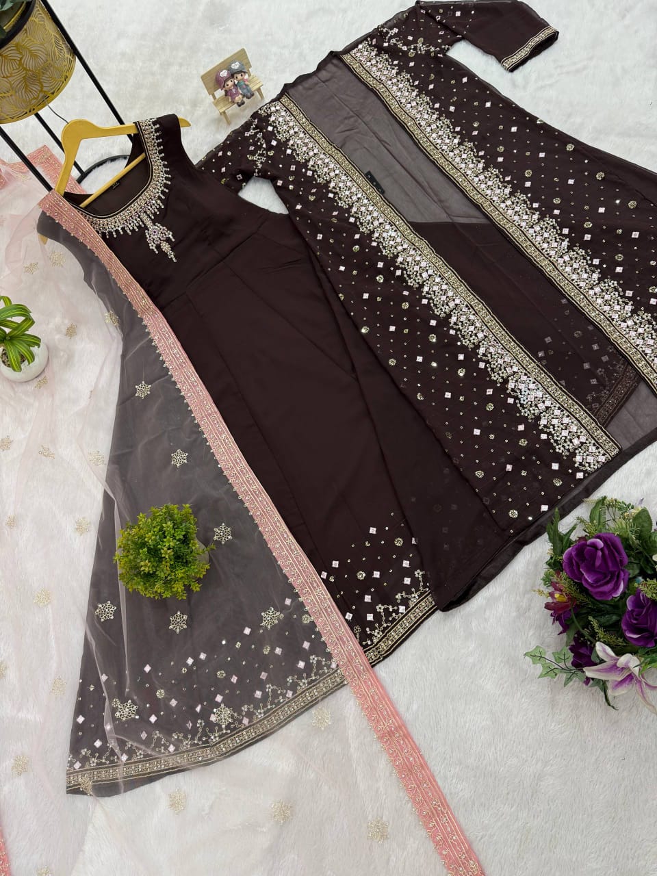 NEW SUPERHIT TRENDING FESTIVE COLLECTION GOWN, KOTI & DUPATTA SET WITH EMBROIDERY WORK & CRYSTAL STONE WORK