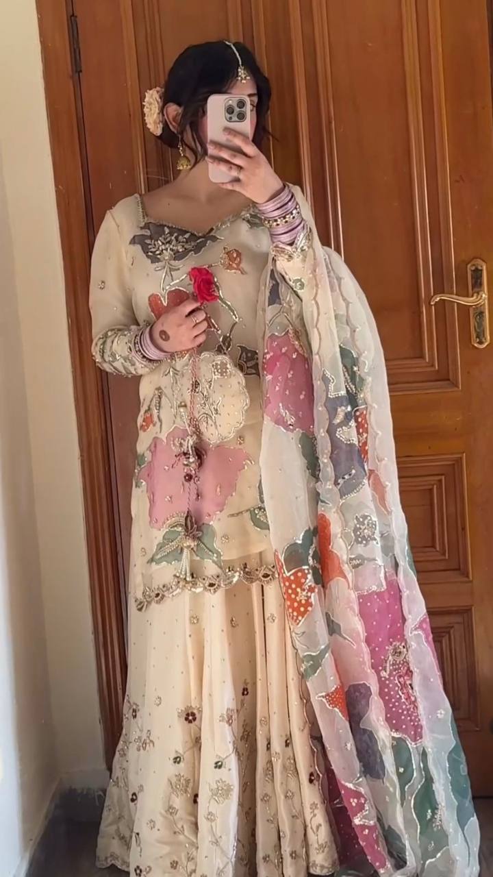 *EXCLUSIVE DESIGNER HEAVY CHINON WITH SEQUANCE EMBROIDERY WORK SUIT WITH FULL FLAIR WORK GHARARA*