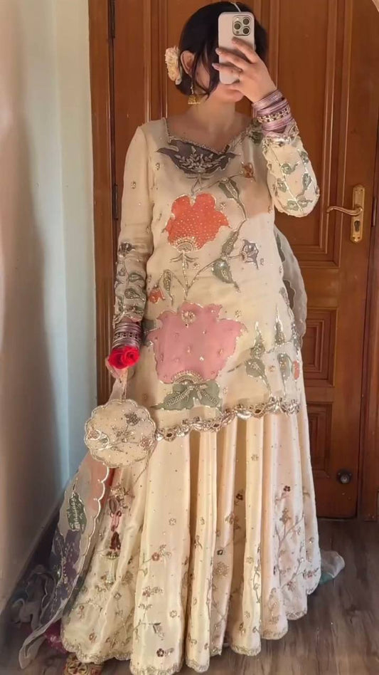 *EXCLUSIVE DESIGNER HEAVY CHINON WITH SEQUANCE EMBROIDERY WORK SUIT WITH FULL FLAIR WORK GHARARA*