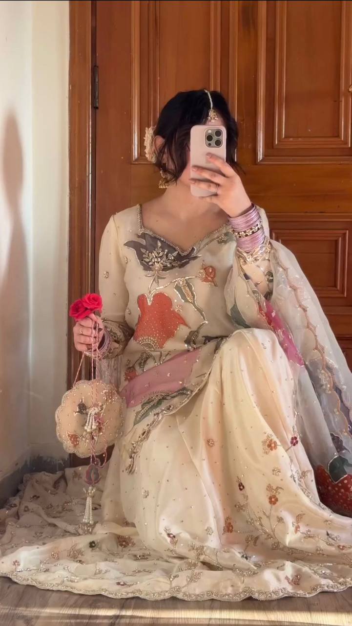 *EXCLUSIVE DESIGNER HEAVY CHINON WITH SEQUANCE EMBROIDERY WORK SUIT WITH FULL FLAIR WORK GHARARA*