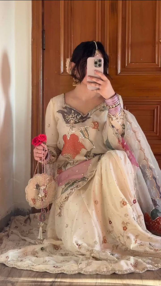 *EXCLUSIVE DESIGNER HEAVY CHINON WITH SEQUANCE EMBROIDERY WORK SUIT WITH FULL FLAIR WORK GHARARA*