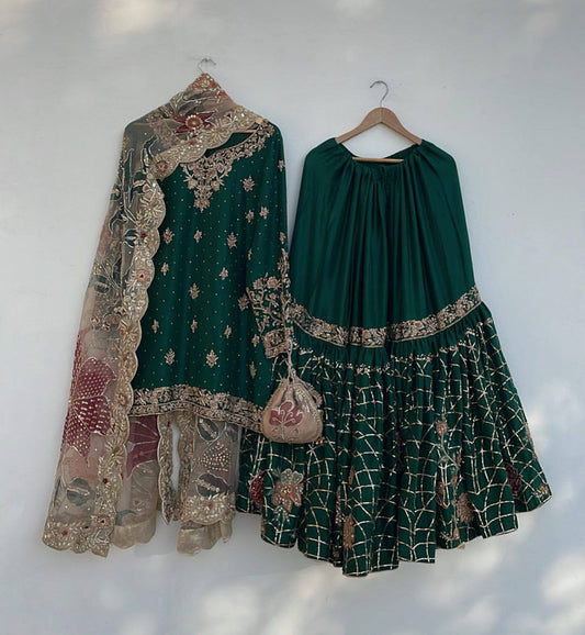 *EXCLUSIVE DESIGNER HEAVY CHINON WITH SEQUANCE EMBROIDERY WORK SUIT WITH FULL FLAIR WORK
