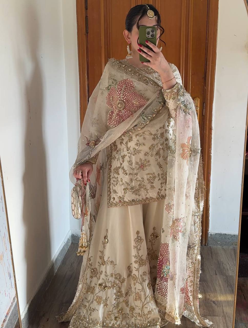 *EXCLUSIVE DESIGNER RANGOLI SILK &nbsp;WITH SEQUANCE EMBROIDERY WORK SUIT WITH FULL FLAIR WORK GHARARA AND DUPATTA*&nbsp;