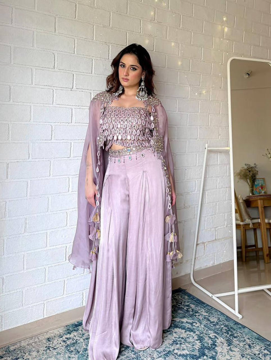 WE ARE LAUNCHING NEW SUPERHIT TRENDING DESIGNER INDO-WESTERN PATTERN WITH FULL EMBROIDERY &amp; REAL MIRROR WORK WITH FULL STITCH SHRUG, BLOUSE &amp; PLAZZO