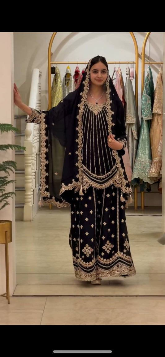 NEW ĐĚSIGNER PARTY WEAR TOP AND PLAZO. WITH FANCY DUPPATA AND EMBROIDERY WORK*✅