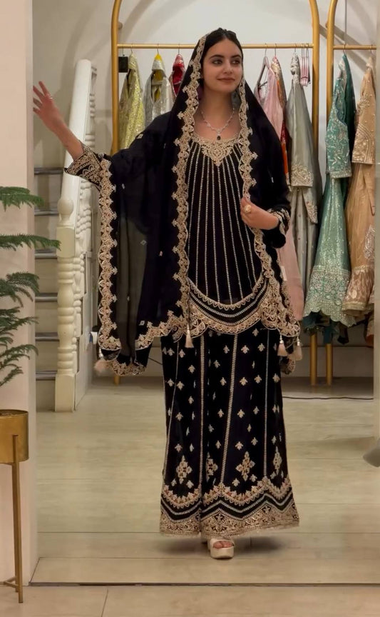 NEW ĐĚSIGNER PARTY WEAR TOP AND PLAZO. WITH FANCY DUPPATA AND EMBROIDERY WORK*✅