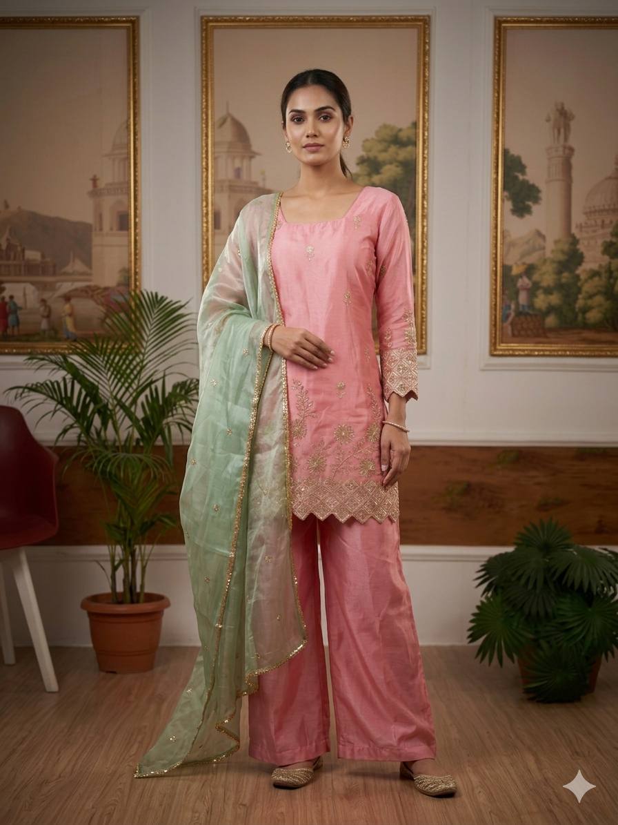 *HERE NEW LAUNCHING 3 PIECES KURTI, PLAZZO &amp; DUPATTA WITH EMBROIDERY WORK