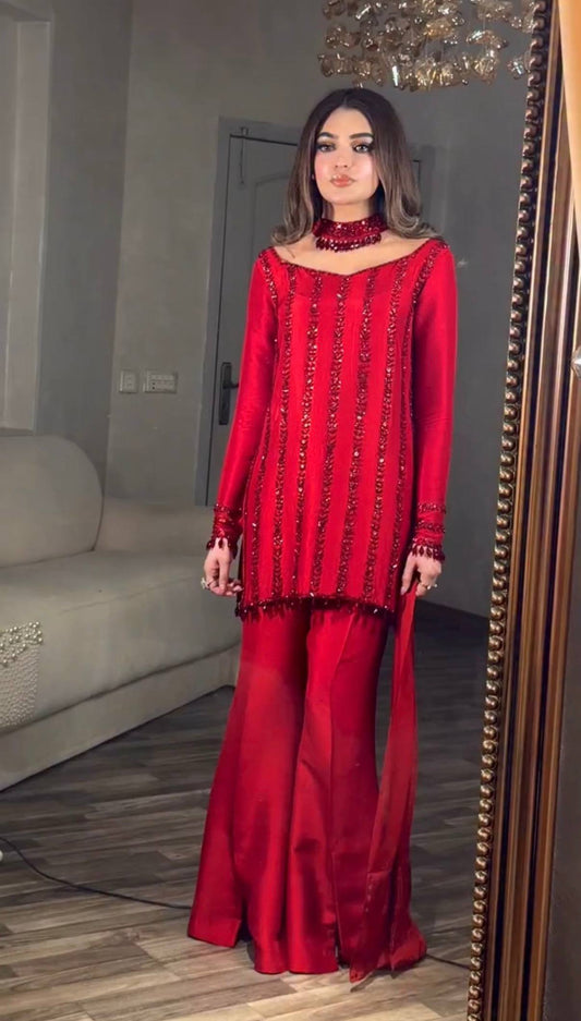 *HERE NEW LAUNCHING 3 PIECES KURTI, PLAZZO &amp; DUPATTA WITH ORIGINAL BEADS CUT DANA WORK