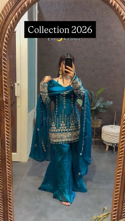 *HERE NEW LAUNCHING 3 PIECES KURTI, PLAZZO & DUPATTA WITH ORIGINAL BEADS CUT DANA WORK