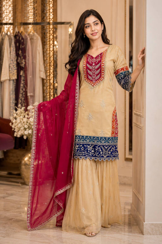 *HERE NEW LAUNCHING HEAVY 3 PIECES SUIT PAIR WITH EMBROIDERY WORK & FANCY LACE