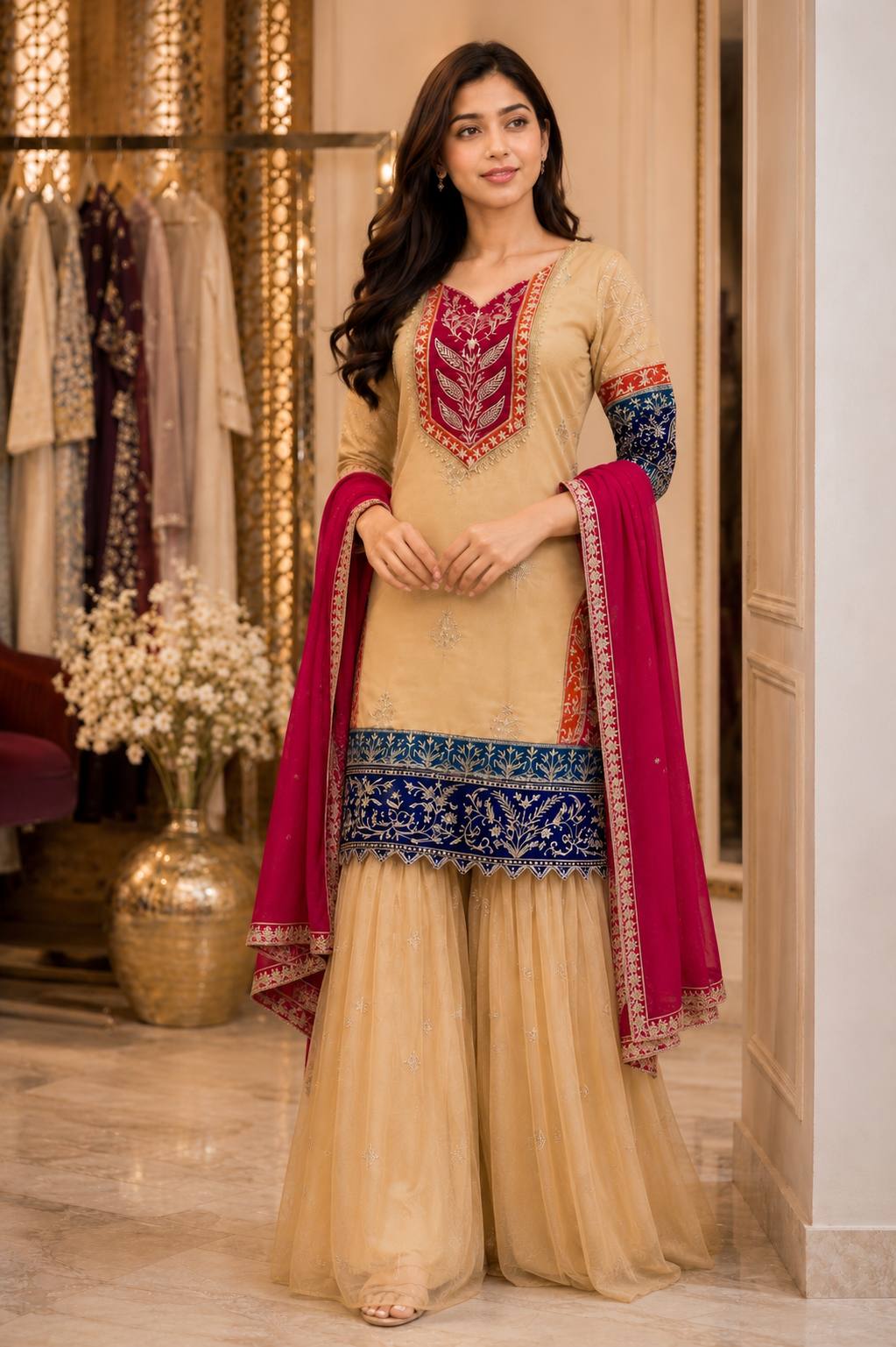 *HERE NEW LAUNCHING HEAVY 3 PIECES SUIT PAIR WITH EMBROIDERY WORK & FANCY LACE